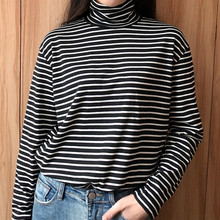 2018春秋装韩版堆堆领长袖T恤女装针织衫学生百搭高领条纹打底衫图片
