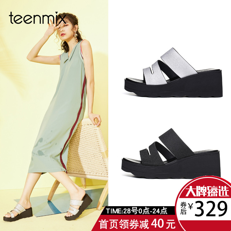 20026BT8夏简约多条带厚底坡跟女凉拖鞋2018天美意