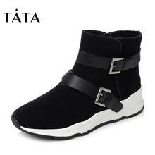Tata/他她冬商场同款牛剖层坡跟短靴女休闲靴FAJ42DD7
