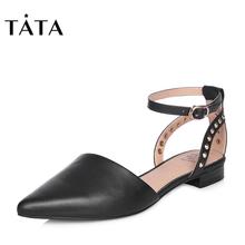 S1233AK8 尖头铆钉一字带女皮凉鞋 他她2018商场同款 TATA