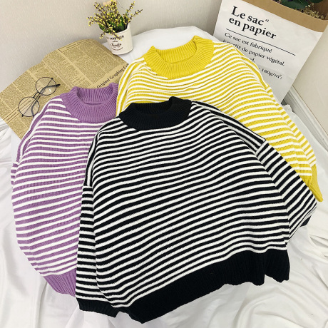 2018秋季条纹针织衫韩版宽松圆领毛衣长袖套头ulzzang上衣服女装商品大图