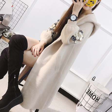秋冬女装加厚2018韩版灯笼袖连帽仿水貂绒毛毛衣中长外套新款开衫商品大图
