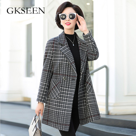 GKSEEN中老年女装韩版时尚长袖翻领格子西装休闲外套潮XJY1122商品大图