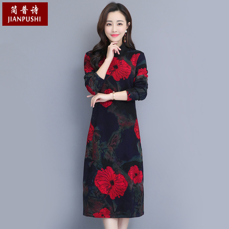 简普诗2018冬季新款中老年女装印花连衣裙修身显瘦加绒加厚打底裙商品大图