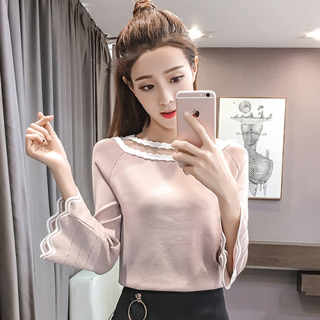 针织衫女装2018秋季新款韩版修身打底衫喇叭长袖毛衣圆领套头上衣商品大图