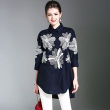 宽松个性 欧美流行七分袖 新品 海青蓝2018夏装 绣花气质衬衣女01127