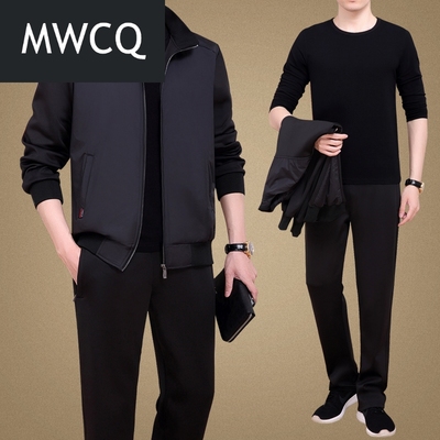 MWCQ中年大码男士运动套装春秋大码爸爸装中年三件套南韩丝运动服