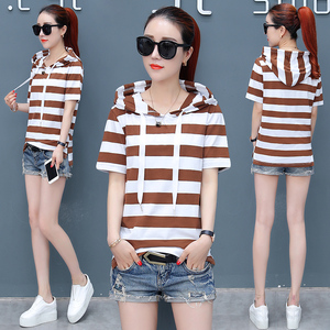夏装2018新款女生条纹短袖t恤初中高中学生带帽丅恤女装少女上衣