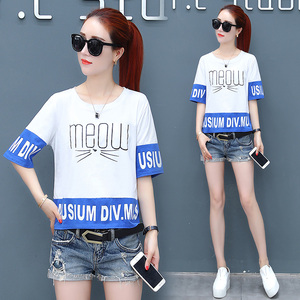 2019新款拼色夏装宽松初中高中学生短袖T恤女生上衣少女丅恤女装