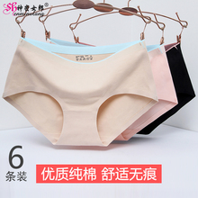 女纯棉无痕中腰大码 夏季 100%全棉撞色透气提臀三角裤 内裤 6条装