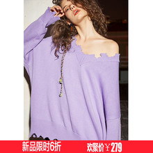 两三事歪扭缺口 2018秋装新款时尚做旧磨破慵懒风毛衣女套头宽松图片