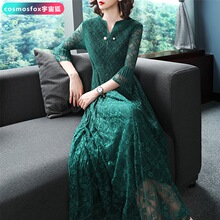 妈妈百褶连衣裙夏季2018新款女中老年高贵气质长款蕾丝压褶裙子图片