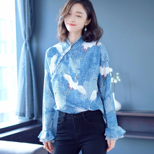 中国风汉服改良旗袍复古风中式唐装仙鹤雪纺衫长袖上衣女装秋装图片