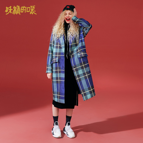 妖精的口袋森系毛呢大衣秋装2018新款蓝色格纹甜美呢子外套女商品大图