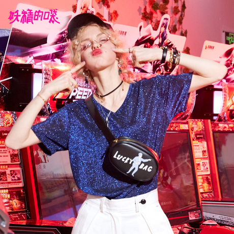 妖精的口袋宽松打底衫夏装2018新款亮闪闪嘻哈少女ins短袖t恤女装商品大图