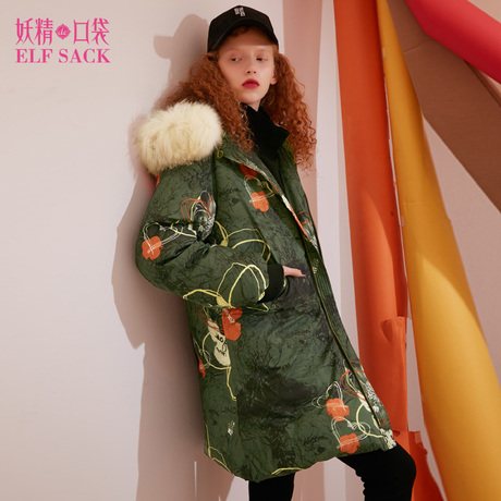 妖精的口袋冬装新款印花连帽毛领长款羽绒服厚外套女商品大图