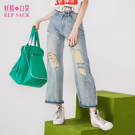 妖精的口袋旗舰店秋装2018新款韩版chic休闲破洞阔脚牛仔裤女商品大图