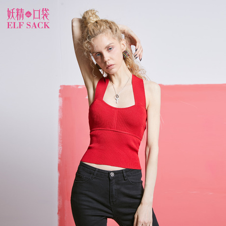 妖精的口袋旗舰店2018秋季新款韩版修身交叉背带短款针织衫女背心商品大图