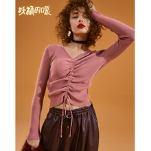 妖精的口袋早秋毛衣女慵懒风秋装2018新款抽绳宽松原宿风针织衫图片