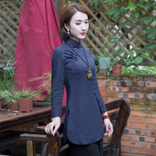 盘扣旗袍上衣中长款唐装女复古风棉麻秋装长袖中国风民国女装茶服图片