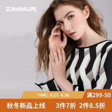 ZIMMUR秋冬新款2018黑白竖条纹时尚休闲OL七分袖中长款宽松连衣裙图片