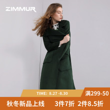 ZIMMUR秋冬新款2018军绿色西装领翻领中长腰带大衣外套风衣麂皮女图片