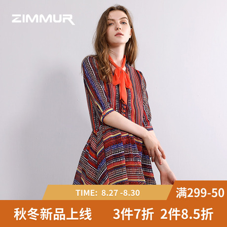 ZIMMUR秋冬新款2018印花雪纺五分袖中款A字裙宽松民族风连衣裙商品大图