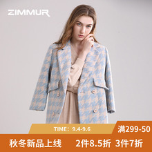 ZIMMUR秋冬新款2018格纹呢子羊毛大衣毛呢外套加厚七分保暖中长女图片