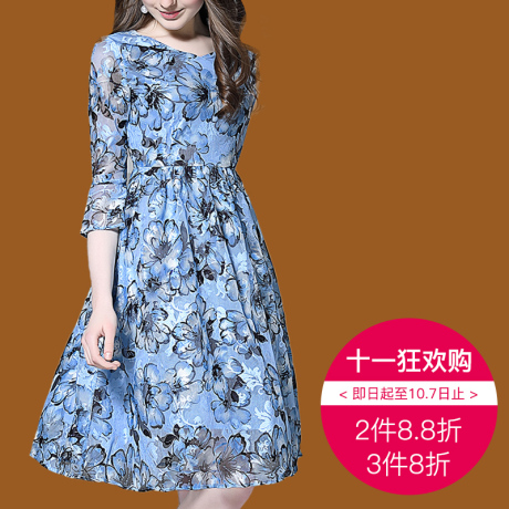 ZIMMUR2018新款印花蕾丝高腰荷边袖优雅气质连衣裙商品大图