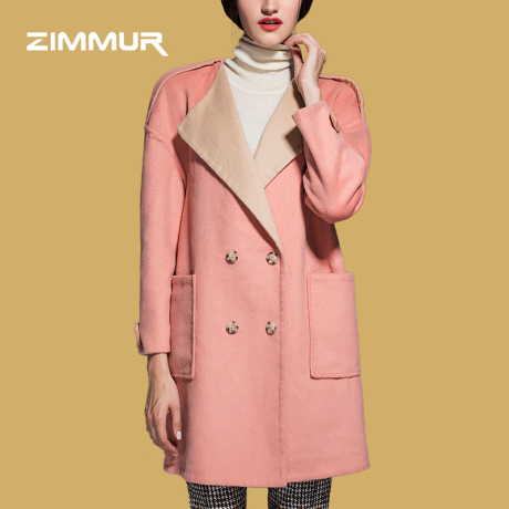 ZIMMUR2018秋冬新品坎肩拼接优雅时尚粉色翻领时尚淑女双排扣大衣商品大图