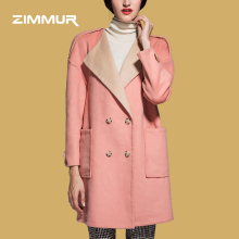 ZIMMUR2018秋冬新品坎肩拼接优雅时尚粉色翻领时尚淑女双排扣大衣图片