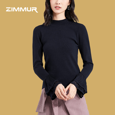 ZIMMUR18年秋冬新品 简约立领修身显瘦 喇叭袖长袖气质百搭针织衫商品大图