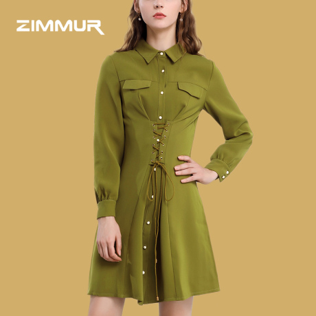 ZIMMUR18年秋装新品翻领系带收腰拼接简约通勤时尚百搭气质连衣裙商品大图