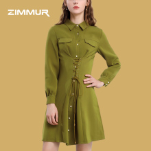 ZIMMUR18年秋装新品翻领系带收腰拼接简约通勤时尚百搭气质连衣裙图片