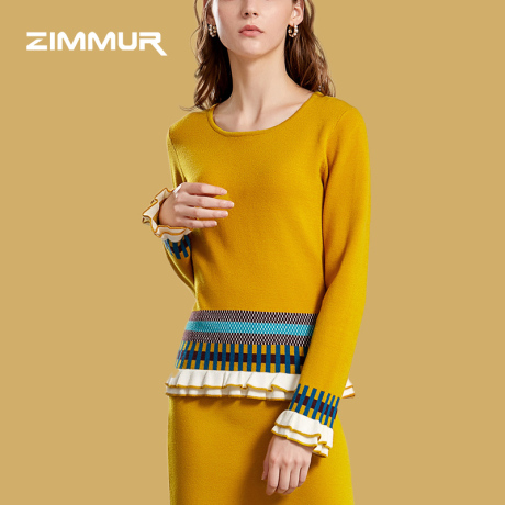 ZIMMUR18年秋冬新品圆领层次荷叶边喇叭袖拼接撞色套头保暖针织衫商品大图