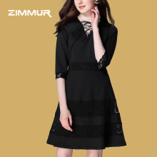 ZIMMUR18年秋装新品纯色蕾丝拼接V领绑带通勤时尚优A摆气质连衣裙图片