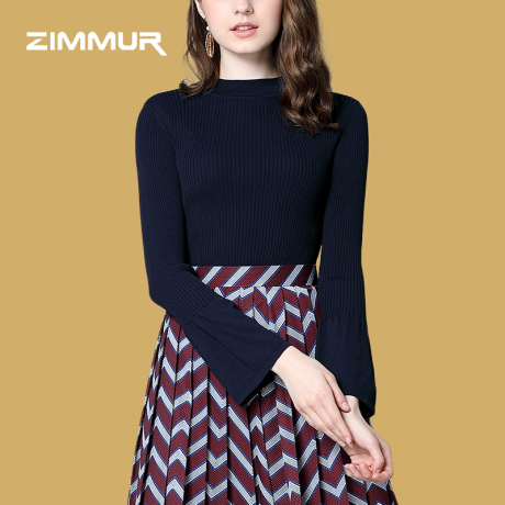 ZIMMUR18年冬装新品长袖圆领宝纯色打底喇叭袖柔软毛衫针织衫上衣商品大图