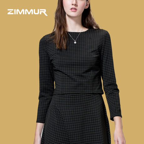 ZIMMUR2018秋季新品 简约时尚百搭格子圆领长袖短款上衣商品大图