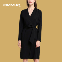 ZIMMUR18秋季新品 简约时尚通勤长袖性感V领优雅气质中长款连衣裙图片