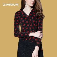 ZIMMUR18年秋装新品 几何印花长袖V领简约百搭绑带装饰衣休闲衬衣图片