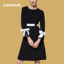 ZIMMUR18秋冬新品 黑色长袖圆领收腰修身 袖口系带显瘦气质连衣裙图片