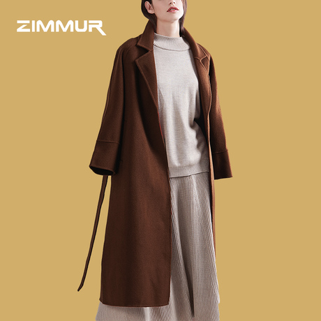 ZIMMUR18年秋冬新品焦糖色长袖翻领插肩袖设计长款纯色双面呢大衣商品大图