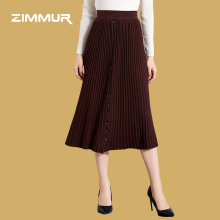 ZIMMUR18年秋冬新品压褶毛织纽扣拼接装饰简约百搭修身时尚半身裙图片