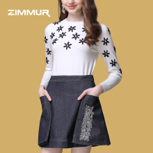 ZIMMUR2018秋季新款通勤纯色时尚个性干练百搭刺绣装饰针织衫上衣图片