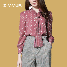 ZIMMUR18年秋装新款 波点印花长袖百褶系带OL优雅通勤衬衫图片