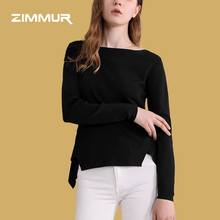 ZIMMUR2018秋季新款黑色长袖一字领不规则裁剪休闲舒适显瘦针织衫图片