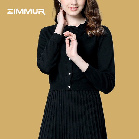 ZIMMUR18年秋装新品简约时尚优雅百搭单排扣蝴蝶结开衫女士针织衫商品大图