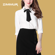 ZIMMUR18秋季新品 翻领气质白色优雅知性职业五分袖女士衬衣上衣图片