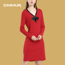 ZIMMUR18年秋装新品 简约百搭性感V领宽松靓丽个性开叉设计连衣裙图片