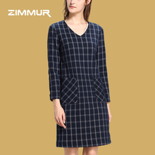 ZIMMUR2018秋冬新款 通勤时尚潮流蓝色格子性感V领时尚气质连衣裙图片